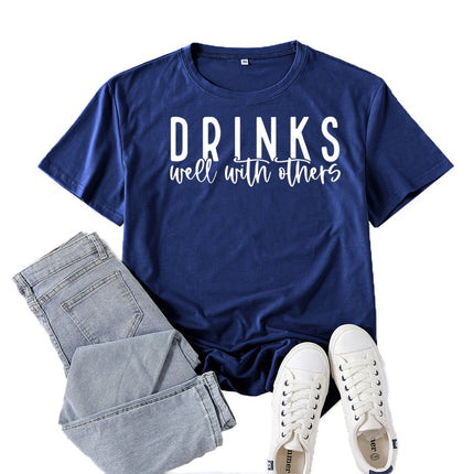Amazon Supply Drinks Well with Others Printed Short-Sleeved Women's Casual Summer Casual