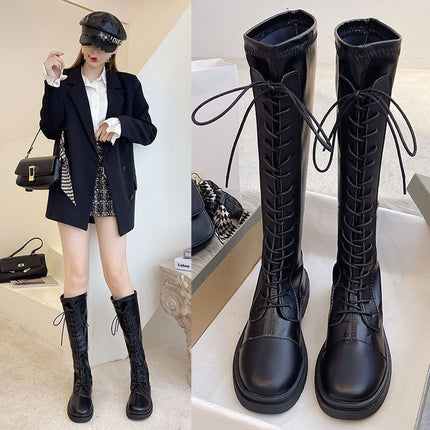 Over-The-Knee High Boots 2025 Autumn and Winter New Style Handsome Knight Boots Round Toe Lace-Up Elastic Fleece-Lined Boots Riding Boots