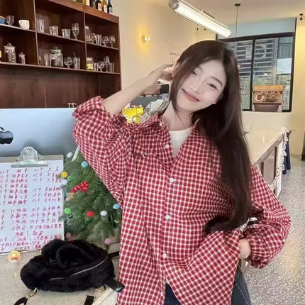 Japanese Style Sweet Cream Blue and White Plaid Shirt Women's Spring New Pleated Design Sense Outer Wear Shirt Coat Top