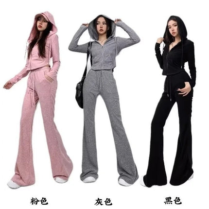 Hot girl waist lace-up hooded sweater jacket high waist stretch slim mop flared pants sports casual suit women