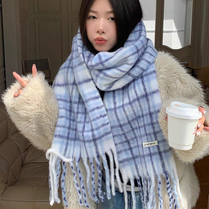 Korean Style Solid Color Tassel Plush Scarf Women's Winter Outdoor Cycling Student Commuting Warm Cold-proof Fashionable Scarf
