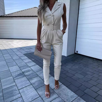 Independent station European and American women's clothing Amazon 2022 new sleeveless slim suit collar office professional jumpsuit pants