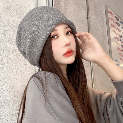 Korean Style Warm Rolled Edge Pullover Women's Drawstring Lazy Style Slouchy Beanie Autumn and Winter Fashion New Cold Hat