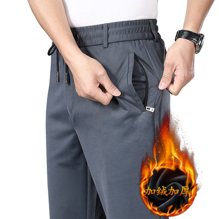 Autumn and Winter fleece-lined Casual Pants Straight Elastic Waist Stretch Pants Men's Thickened Business Men's Pants Elastic Waist Warm Pants