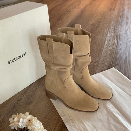 Cowhide Version ~ Slim Knight Boots 2025 New V-Mouth Thick Heel Heightening Slimming Large Tube Short Boots Women's Boots