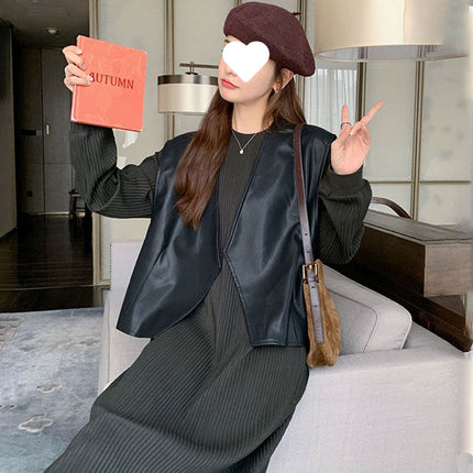 Knitted dress Women's Two-Piece Set Spring and Autumn 2024 New French Style Style Leather Vest Long Skirt suit