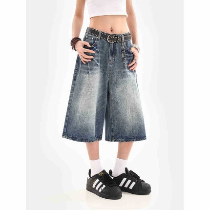 American-Style Ice Blue Lightning Crackle Denim Shorts for Women, New Summer Loose Trendy Brand Straight Cropped Casual Pants