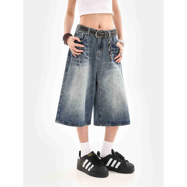 American-Style Ice Blue Lightning Crackle Denim Shorts for Women, New Summer Loose Trendy Brand Straight Cropped Casual Pants