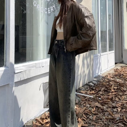 Cement Grey Wide Leg Jeans Women's Autumn 2024 New High Waist Slimming Pleated Straight Mop Maillard Pants