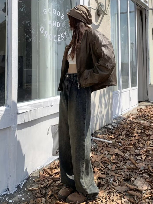 Cement Grey Wide Leg Jeans Women's Autumn 2024 New High Waist Slimming Pleated Straight Mop Maillard Pants