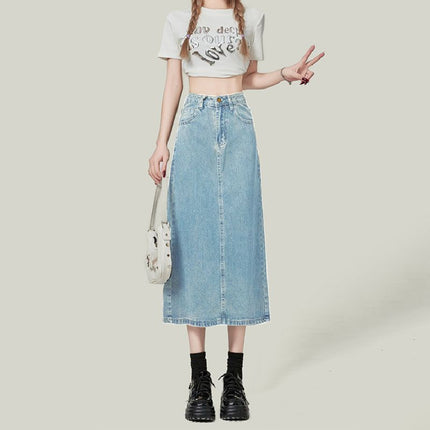 Split Denim Skirt Women's 2025 All-match New Arrival light blue A- Line Skirt Small Slimming Mid-length Hip Skirt
