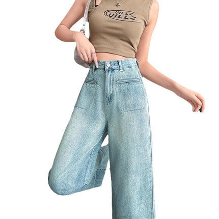 Spring and Autumn New Jeans Women's High Waist Slimming Loose Straight Pants Pear-Shaped Figure Retro All-Match Cropped Pants Ins