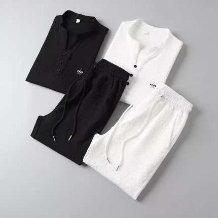 2025 New Style Thin Casual Sports suit Men's Summer Chinese Style High-end V-neck Embroidery Slim-fit Short-sleeved Two-piece Set