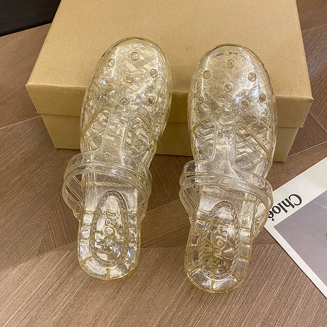 Princess Transparent Slippers Women's Outer Wear Summer New Hollow Flat Baotou Sandals and Slippers Bath Plastic Shoes