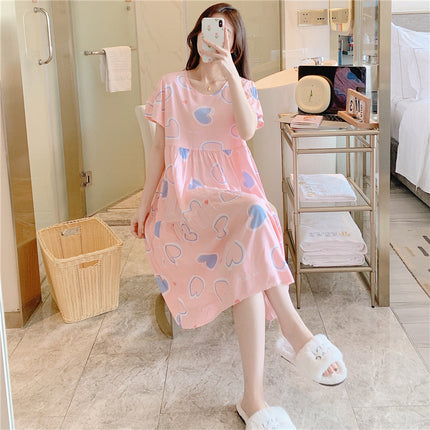 Cotton Silk Nightgown for Women, Summer Thin Short-Sleeved Printed Large Size Nightgown, Pregnant Women Can Wear It Outside, Cool Rayon Home Clothes