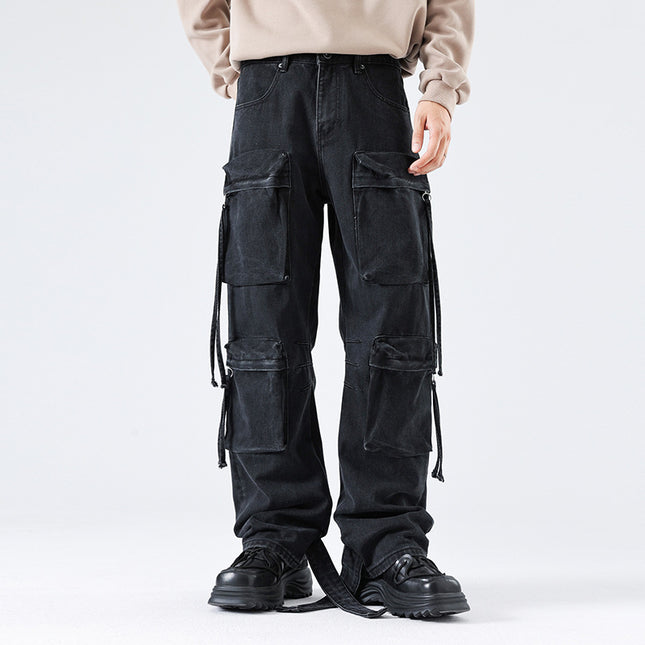 Autumn New American Retro Pocket Tooling Jeans Loose Niche Motorcycle Style Old Tooling Straight Pants