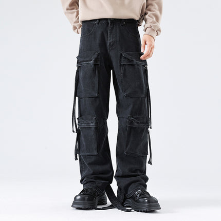 Autumn New American Retro Pocket Tooling Jeans Loose Niche Motorcycle Style Old Tooling Straight Pants