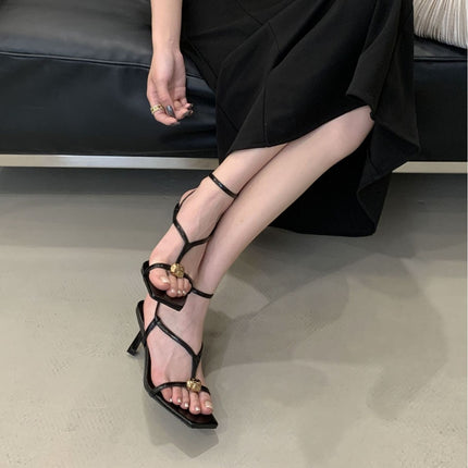 Lady Style Square Toe Metal Buckle Sandals 2025 Summer New Thin Strap Lady Style Women's Shoes Design High Heel Sandals