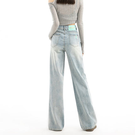 light blue Wide Leg Jeans Women's Fashion All-match New High Waist Loose Slimming Casual Straight Pants