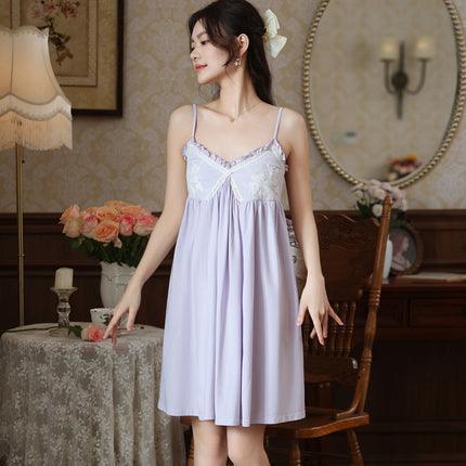 Pure Cotton Suspender Nightgown for Women, Summer French Style Sexy Lace Pure Desire Long Nightgown with Breast Pads, Can Be Worn Outside as Home Wear
