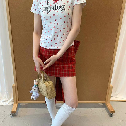 Original Fabric Summer American Retro Heart Dog Paw Printed Short T-Shirt for Sexys Slimming Look Top