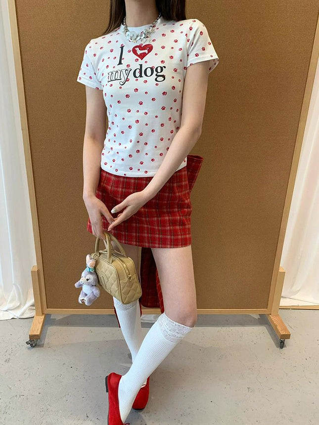 Original Fabric Summer American Retro Heart Dog Paw Printed Short T-Shirt for Sexys Slimming Look Top