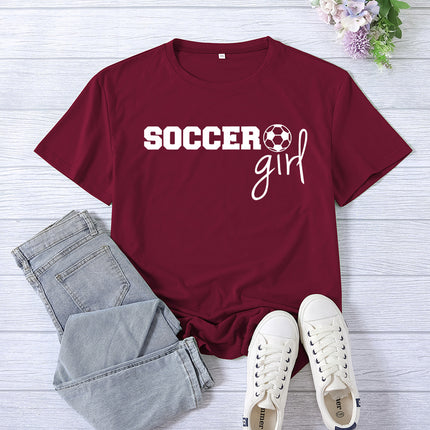 Amazon cross-border foreign trade soccer girl printed women's round neck top T-shirt summer casual European size plus size