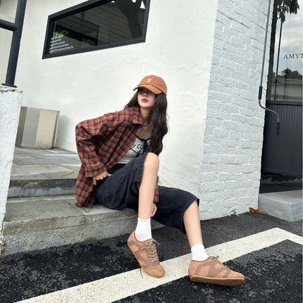 Niche Retro German Training Shoes for Women 2026 New Model Genuine Leather Versatile Front Lace-Up Patchwork Casual Sneakers Flat Sneakers