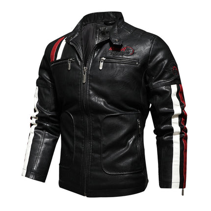 Men's Leather Jacket Autumn and Winter Motorcycle Leather Racing Suit Color Matching Embroidered Motorcycle Pu Jacket Windproof Cotton Jacket