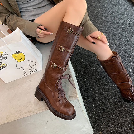 High Boots Autumn 2024 New Women's Boots Thick Heel Mid Heel Knight Boots Vintage Rivet Belt Buckle Boots Women