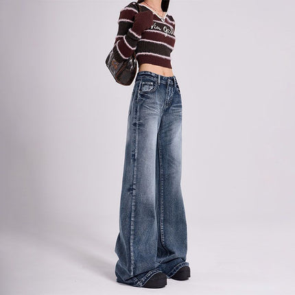 2025 New Women's Slim Small Spring Mop Pants Design Retro Blue High Waist Wide Leg Pants for Outer Wear