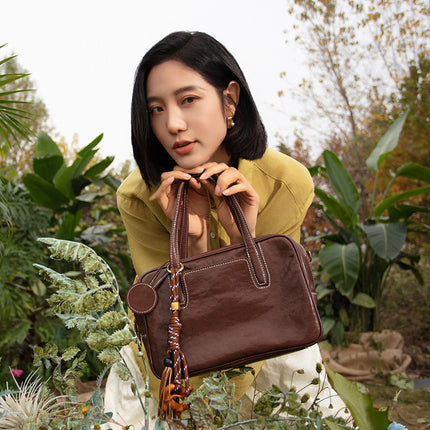Zhao Zhaoyi's Same Style Shicatang Sugar Cube Bowling Bag, First-Layer Vegetable-Tanned Cowhide Leather Handbag, Crossbody Shoulder Bag, Small Square Bag