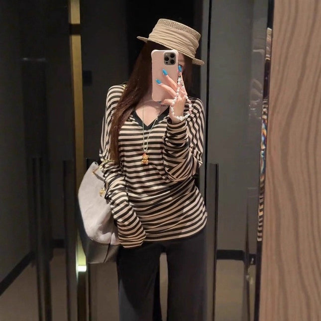 Lazy and Relaxed Stripesd Sun Protection Long-Sleeved Blouse for Women Summer Niche Design Loose Casual Versatile T-Shirt Top