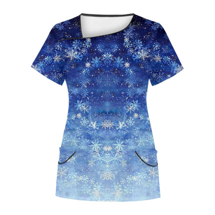 Cross-Border Aliexpress Amazon Women's Short-Sleeved Christmas Positioning Printed Flap Pocket Pants Top Scrub Clothes T-Shirt