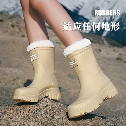 Cross-border Fashion Mid-high Rain Boots Women's Fixed Cotton Warm Outdoor Camping All-match Rain Boots Thick-soled Wear-resistant Work Shoes