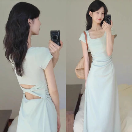 Green Waist dress Little Mom Slim-fit Hip Wrap Dress High-grade Sense Slight Fat A- shaped Long Dress Royal Sister Dress Women's Spring