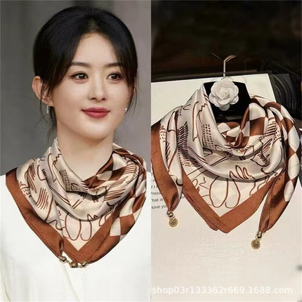2024 New Magnetic Buckle Silks and Satins Square Scarf Women's Spring and Autum Scarf High-end Decorative Triangle Scarf Neck Protector