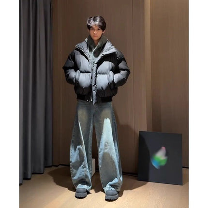Boys' Cool and Handsome Outfits, High-End, Handsome Wide-Leg Jeans, Cotton Clothes, Two-Piece Set, Winter Matching Set