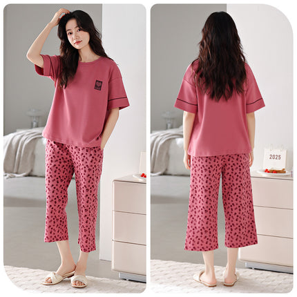 Pajamas for Women with Breast Pads, Summer Pure Cotton Short-Sleeved Cropped Pants That Can Be Worn Outside the Suit, New Summer Cotton Girls' Home Clothes
