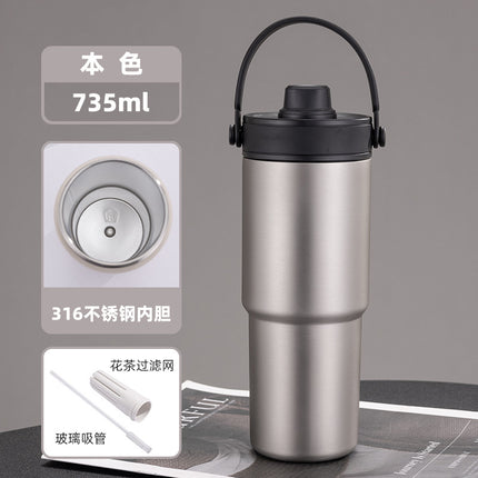 Cross-border high-value 316 stainless steel thermos cup large-capacity double-drink ceramic liner car cup portable handle cup