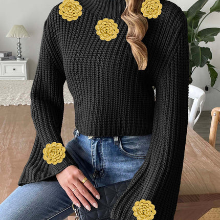 Cross-Border European and American Women's Clothing Hand-Crocheted Splicing Bell-Sleeved Half-Turtleneck Pullover Sweater Women's Short Crop Top Women