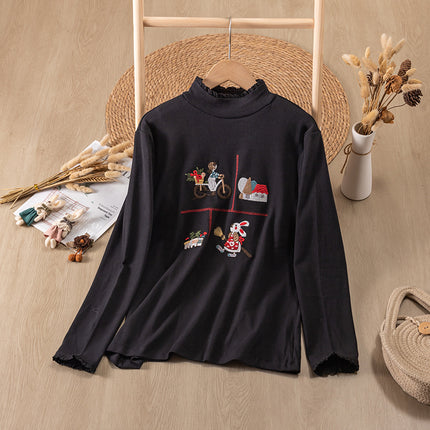 8177 Mori Style Sweet Embroidered High Neck Stretch Long Sleeve Base Shirt Loose All-match Cotton Slim Inner Top
