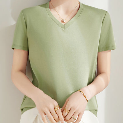 100 mercerized cotton short-sleeved T-shirt women's 2025 summer new V-neck cotton pullover vest cool feeling ice silk base
