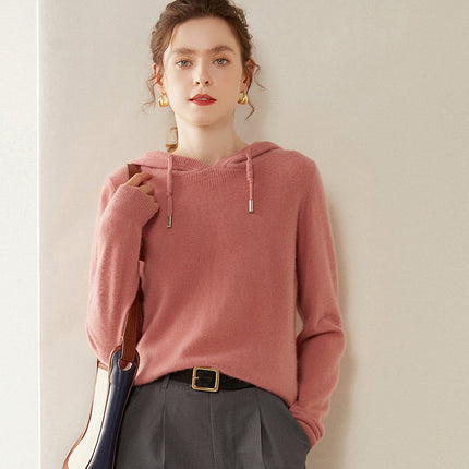 Autumn and Winter Hooded Cashmere Sweater Cashmere Long-Sleeved Pullover Versatile Pure Color Windproof Warm Hooded Cashmere Sweater for Women
