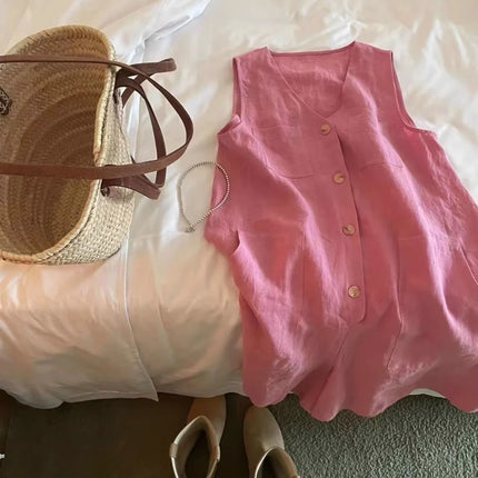 2025 Niche Summer New V Neck Pure Color Button Sleeveless Loose Casual Jumpsuit Shorts Women's Thin Trendy Ins Shorts