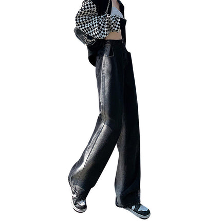 Gradient jeans female students 2022 new Hong Kong style BF high waist loose niche straight tube vertical mop pants