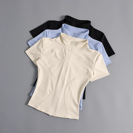 High Elastic Yoga Short-sleeved Jacket with Vertical Collar Zipper Tight Running Jacket Quick-drying Naked Fitness Short-sleeved Women's Summer