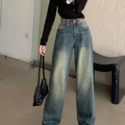 American Retro Straight-Leg Jeans for Women, 2025 Spring New High-Waisted Fashionable Versatile Loose Floor-Length Pants
