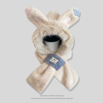 Rabbit Ears Hat Scarf All-In-One Hat for Women Winter Cute Plush Furry Animal Plus Scarf Two-Piece Hat