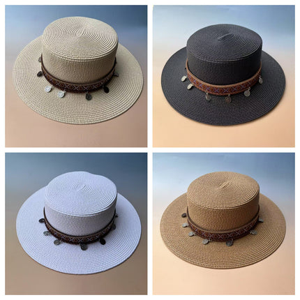 Bohemian Cowboy Style Flat-Top Straw Hat for Women's Summer Travel and Vacation Sun Protection Hat for Shopping and Versatile Flat-Brimmed Hat